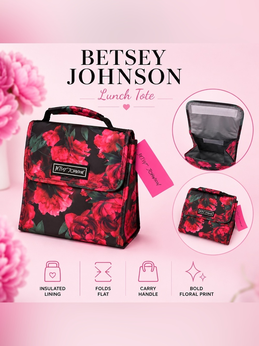 Betsey Johnson Black Lunch Tote with Pink and Red Floral Print